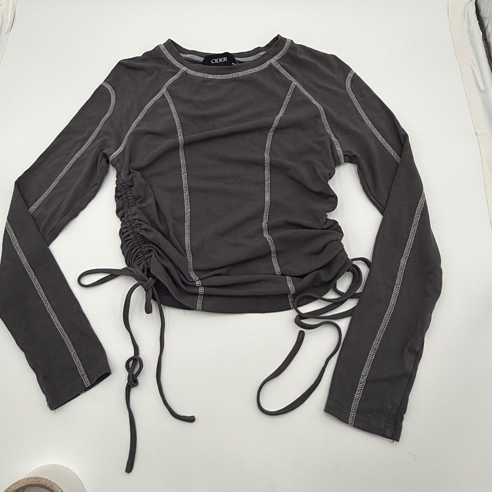 Cider Womens Grey Long‎ Sleeve Ruched Contrast Stitch Top CD20230418295210KT XS